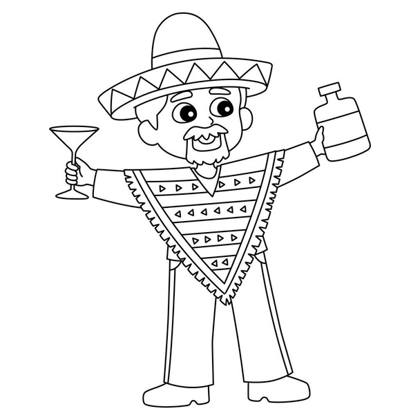 マルガリータを飲んでいるメキシコ人男性のかわいいと面白い着色ページ。子供のための着色の楽しみの時間を提供します。このページの色はとても簡単です。小さな子供や幼児に適しています. - ベクター画像