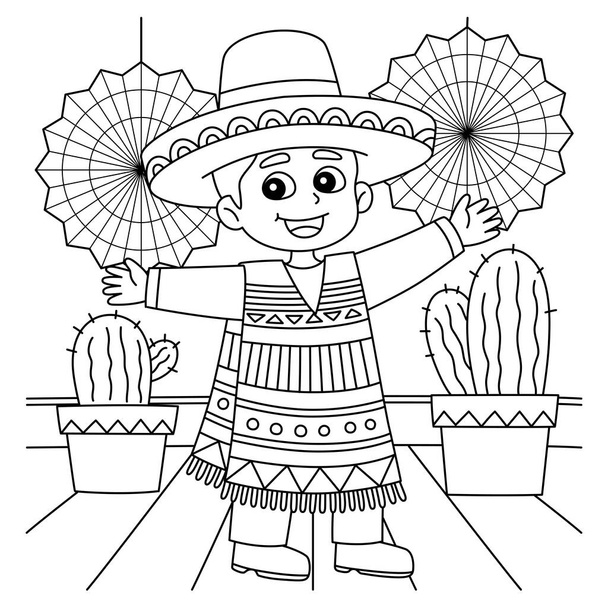 Uma página de colorir bonito e engraçado de um menino mexicano. Fornece horas de diversão para colorir para crianças. Cor esta página é muito fácil. Adequado para crianças pequenas e crianças. - Vetor, Imagem