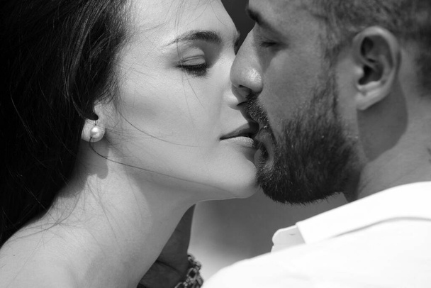 Kiss each other teasing enjoying tenderness and intimacy. Feeling desire. Passionate sensual lovers enjoying intimacy making love - Photo, Image