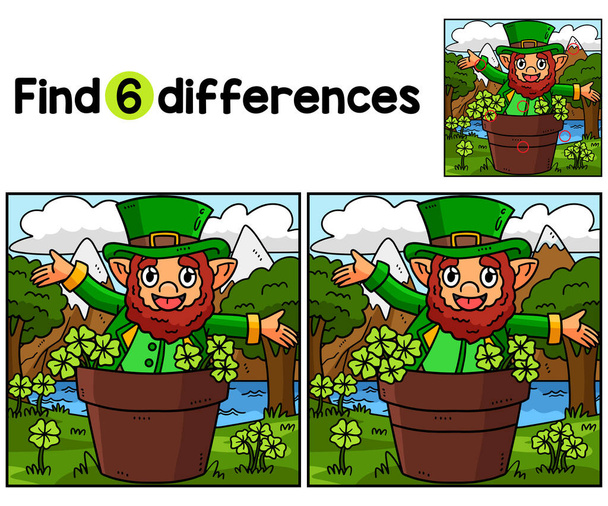 Encuentra o detecta las diferencias en esta página de actividades para niños de Saint Patricks Day Leprechaun. Un divertido y educativo juego de puzzle a juego para los niños. - Vector, imagen
