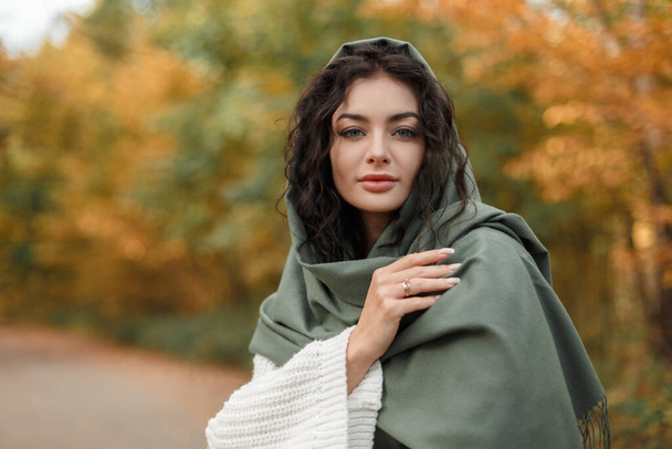 Elegante bella donna fresca con un'acconciatura riccia con una sciarpa verde moda in testa in un maglione vintage lavorato a maglia passeggiate nel parco autunnale - Foto, immagini