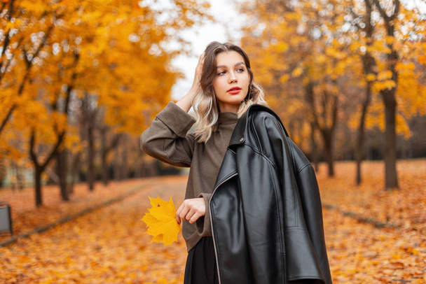Autumn fashion portrait of beauty trendy woman model with red lips in black leather jacket with green sweater walks in golden fall park. Trendy fashion girl in fall nature - Fotografie, Obrázek