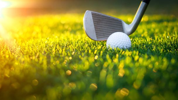Golf ball close up on tee grass on blurred beautiful landscape of golf background. Concept international sport that rely on precision skills for health relaxation...	 - Photo, image