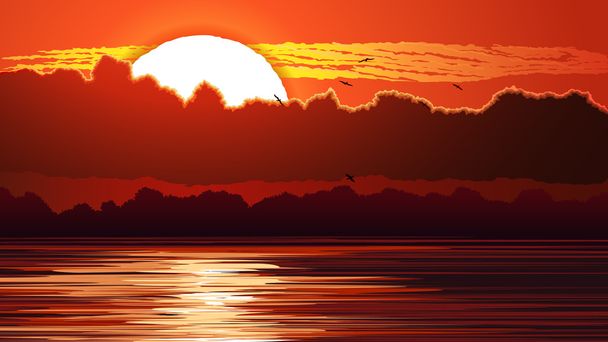 Illustratie van rode zonsondergang en schittering op water. - Vector, afbeelding