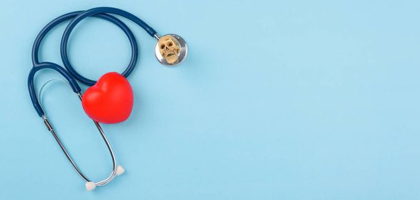 Doctor Day concept, Top view flat lay of doctor stethoscope and red hearts diagnosis of heart disease on blue background with copy space for text, Medical and Health care insurance - Fotó, kép
