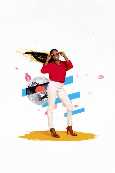 Creative abstract template graphics collage image of cool confident lady having fun wear sunglass isolated drawing background. - Фото, изображение