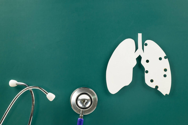 World Tuberculosis Day. Top view of lungs paper symbol and medical stethoscope on green background, copy space, lung cancer awareness, concept of world TB day, Healthcare and medicine concept - Photo, image