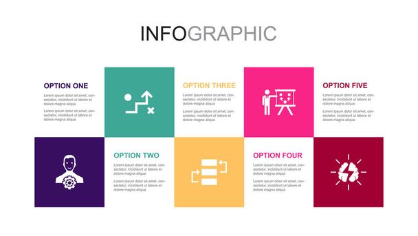 manager, Strategy, Action Plan, Project Planning, brainstorming, icons Infographic design layout template. Concepto de presentación creativa con 5 opciones - Vector, Imagen