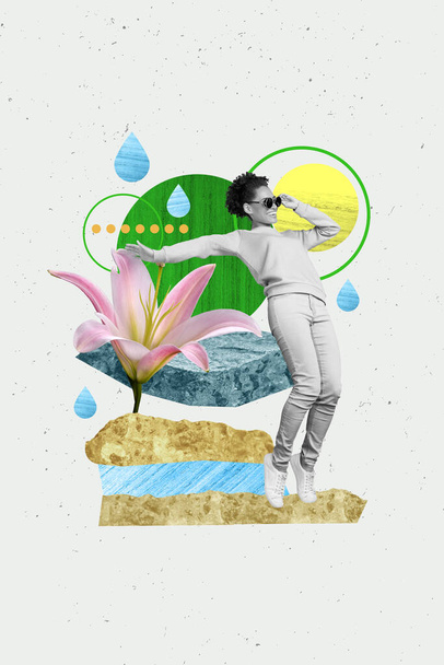 Vertical collage picture of positive carefree black white colors girl cool sunglass big growing lily flower isolated on drawing background. - Zdjęcie, obraz