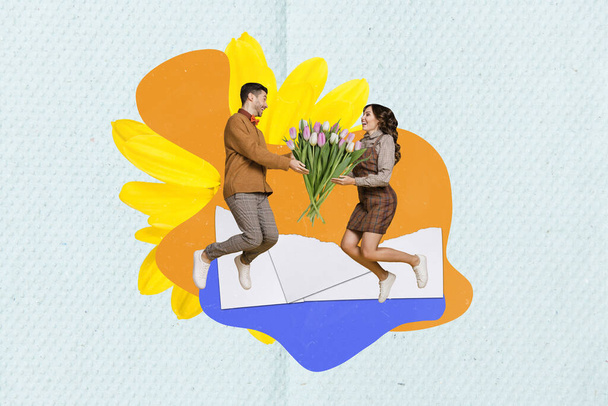 Creative collage image of two excited mini partners jumping hands hold big tulips bouquet isolated on painted background. - Foto, Imagem