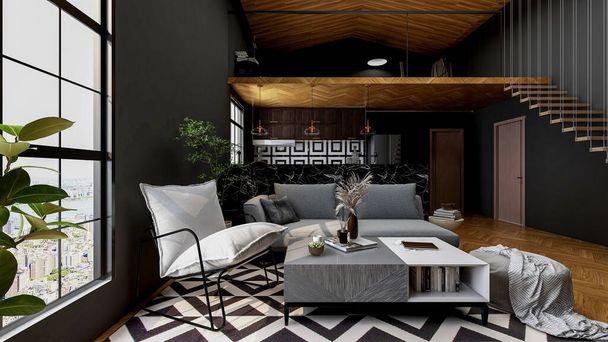 Nowoczesny salon na poddaszu z ciemnoszarą ścianą i drewnianą podłogą, renderowanie 3d  - Zdjęcie, obraz
