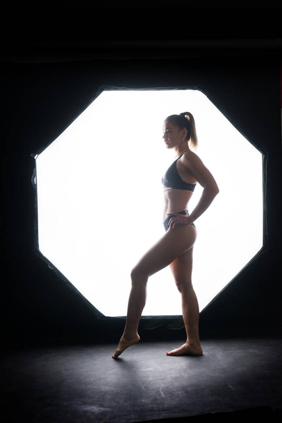 Silhouette of beautiful young woman wearing underwear in backlight - Фото, зображення