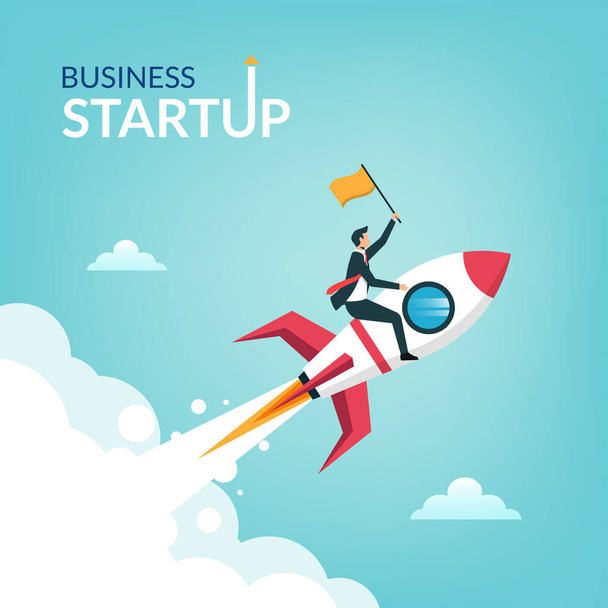 Successful businessman start up holding flag on rocket flying through sky, Business concept illustration - Vector, Image
