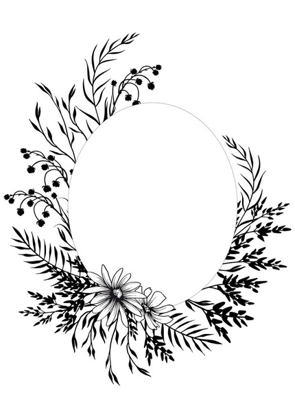 Black and white wild flowers card. Floral arrangement. Hand drawn vector illustration. - Vektor, Bild