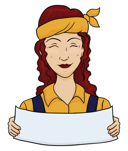 Pretty red-haired worker woman with bandana, dressed in overalls and holding a long blank paper. Template in cartoon style. - Vector, Image