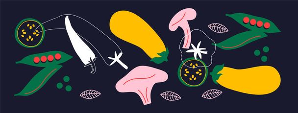 Абстрактная аппетитная коллекция овощей. Декоративный абстрактный горизонтальный баннер с красочными каракулями. Ручные современные иллюстрации с овощами, абстрактные элементы. Огурец, горох, перец. - Фото, изображение