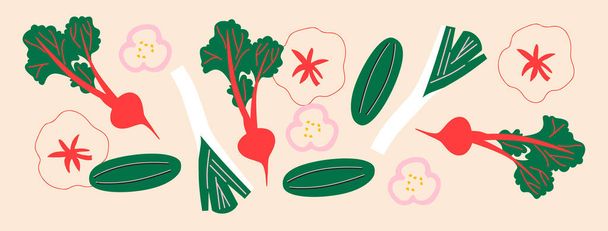 Aranyos étvágygerjesztő zöldség gyűjtemény. Dekoratív absztrakt vízszintes banner színes firkákkal. Kézzel rajzolt modern illusztrációk zöldséggel, absztrakt elemekkel.  - Fotó, kép
