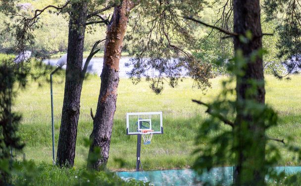 Canestro da basket nel campo tra alberi e sfondo blu acqua - Foto, immagini