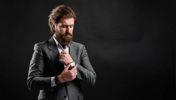 handsome man wear office suit. male beauty and fashion. brutal businessman with perfect beard and moustache. real boss in vest. mature bearded man. confidence and charisma. copy space. - Zdjęcie, obraz