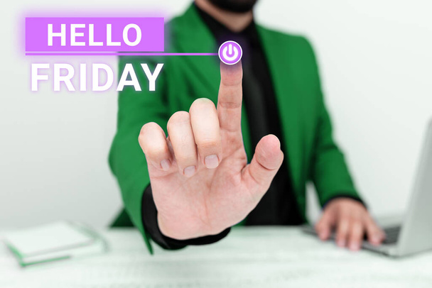 Legenda do texto apresentando Olá Sexta-feira, Vitrine de negócios Saudações às sextas-feiras, porque é o fim da semana de trabalho - Foto, Imagem