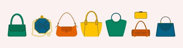 Frauentaschen. Mode-Handtasche Tasche Cross Body Clutch Handtasche, Cartoon-Leder stilvolle weibliche Accessoires. Vektor-Flachset. - Vektor, Bild