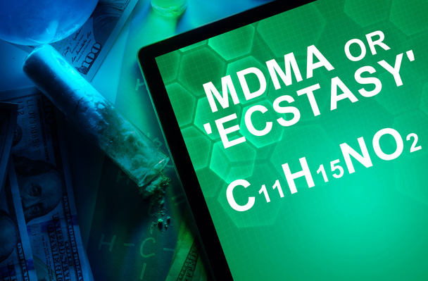 Tablet with the chemical formula of Ecstasy or mdma. - Photo, Image
