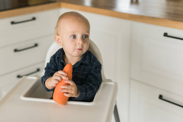 Niño sentado en silla de bebé comiendo zanahoria en el fondo de la cocina - alimentación del bebé - Foto, imagen
