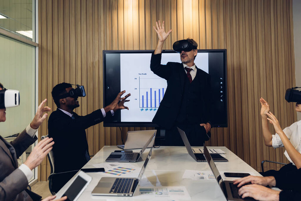 business persons with virtual reality headsets in meeting room at the office. businessperson brainstorming on a virtual 3d vr goggles. - Fotó, kép