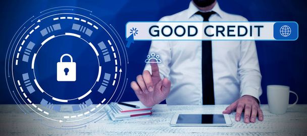 Концептуальный дисплей Good Credit, Word for borrower has a relatively high credit score and safe credit risk - Фото, изображение