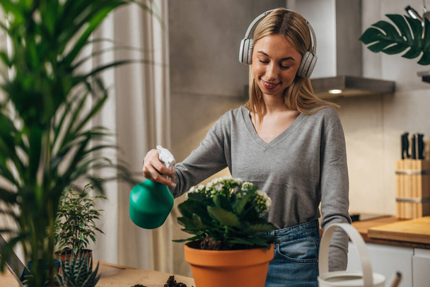 Happy young woman moisturizes leaves of a houseplant - Photo, image