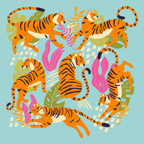Kolekce roztomilých ručně kreslených tygrů na jasně modrém pozadí, stojící, sedící, běhající a kráčející s exotickými rostlinami a abstraktními prvky. Barevná vektorová ilustrace - Vektor, obrázek