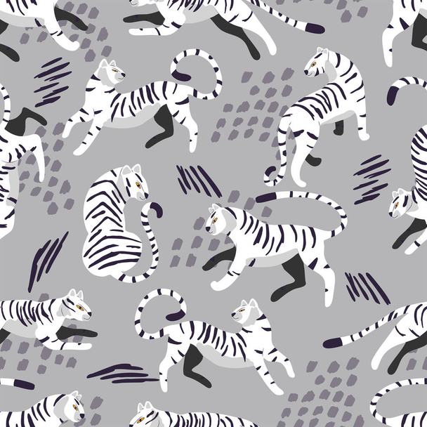 Seamless pattern with hand drawn exotic big cat white tiger, with tropical plants and abstract elements on light gray background. Colorful flat vector illustration - Вектор,изображение