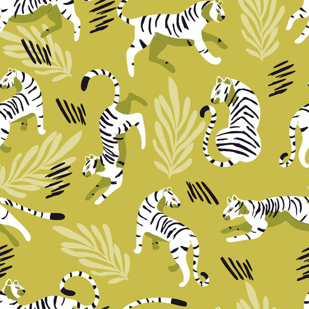 Patrón sin costuras con tigre blanco de gato grande dibujado a mano, con plantas tropicales y elementos abstractos sobre fondo verde claro. Ilustración de vector plano colorido - Vector, Imagen