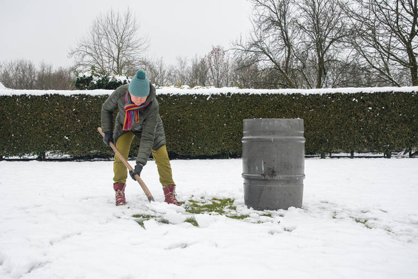 Женщина средних лет собирает снег в бочку лопатой. Для дальнейшего полива растений в теплице, концепция защиты окружающей среды и сохранения природных ресурсов - Фото, изображение