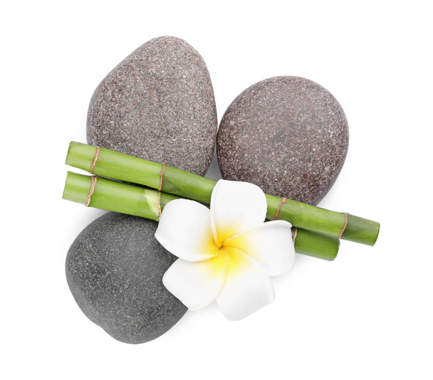Spa stones, beautiful flower and bamboo stems on white background, top view - Photo, image