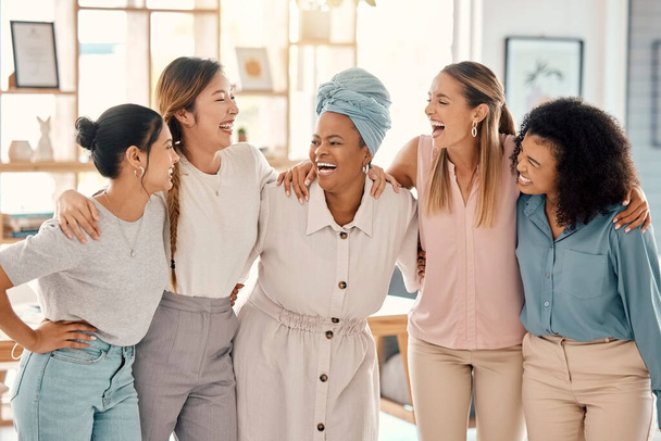 Happy business people, women empowerment and diversity team, collaboration and motivation, employee engagement and support in startup office. Laughing group, female friends and marketing agency staff. - Foto, Bild