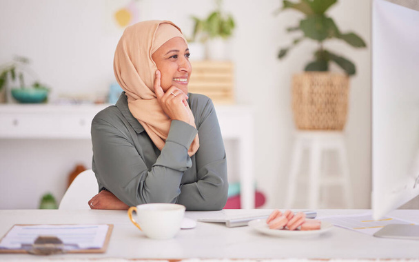 Designer startup or Muslim business woman thinking of creative idea in workplace for design or strategy. Inspiration, vision or Islamic fashion employee in fashion studio planning or brainstorming. - 写真・画像