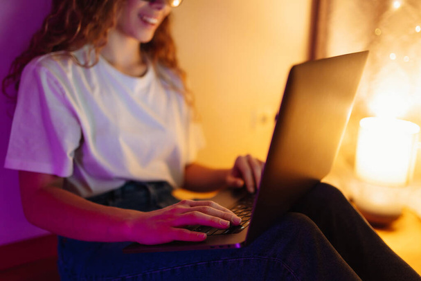 Young woman with laptop. Freelance or studying concept. Online training, shopping, blogging. - Φωτογραφία, εικόνα