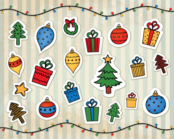 Рождественские украшения на винтажном полосатом фоне
 - Вектор,изображение