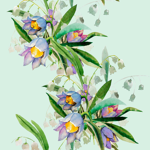 Bouquet of spring flowers.Snowdrops.Watercolor.Image on a white and color background. - Foto, Imagen