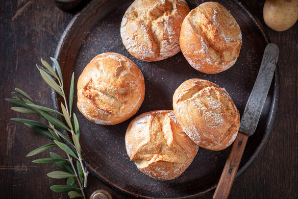 Healthy and homemade potato buns for breakfast. Group of many potato buns. - Fotografie, Obrázek
