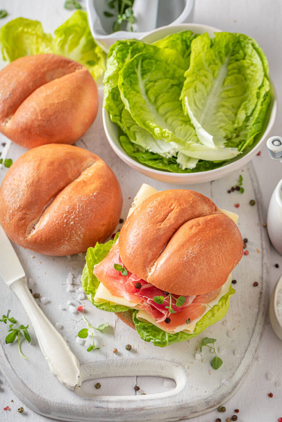 Spring and tasty sandwich for fresh breakfast. Buns with healthy and spring ingredients. - Foto, Imagen