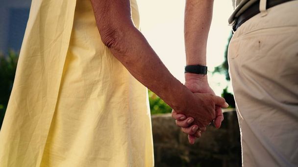 Onnellinen vanhempi pari pitää kädestä seisomassa puistossa auringonnousun tai auringonlaskun aikana. vanha mies ja nainen rakastunut - Valokuva, kuva