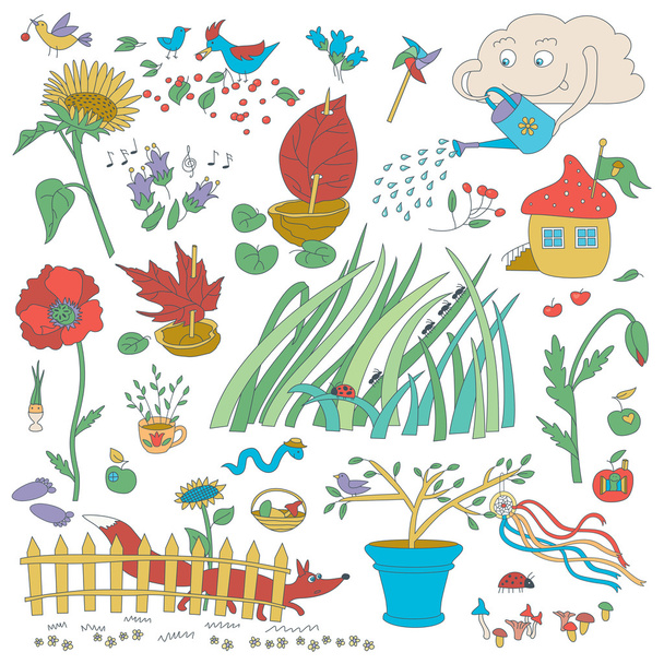 Garden Flowers And Decorations. Plants And Birds. - Vetor, Imagem
