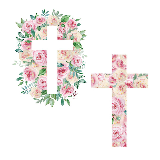 Aquarellkreuze mit Rosen geschmückt, Ostern religiöses Symbol für die Gestaltung von kirchlichen Feiertagen - Foto, Bild