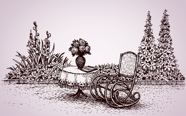Cadeira de balanço no quintal. Desenho vetorial
 - Vetor, Imagem