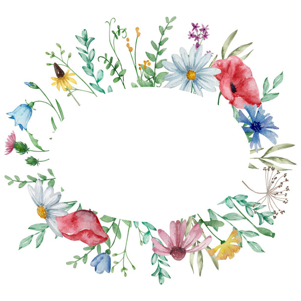 Cadre de fleurs sauvages aquarelle pour la conception d'invitations et de cartes - Photo, image