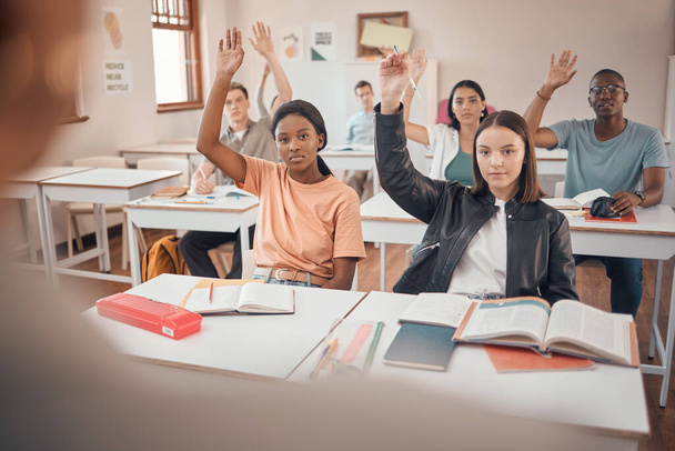 Classroom, education question or students hands for exam learning questions, university help or college people study for assessment. Hand sign, school or teenager group for teaching or scholarship. - Photo, image