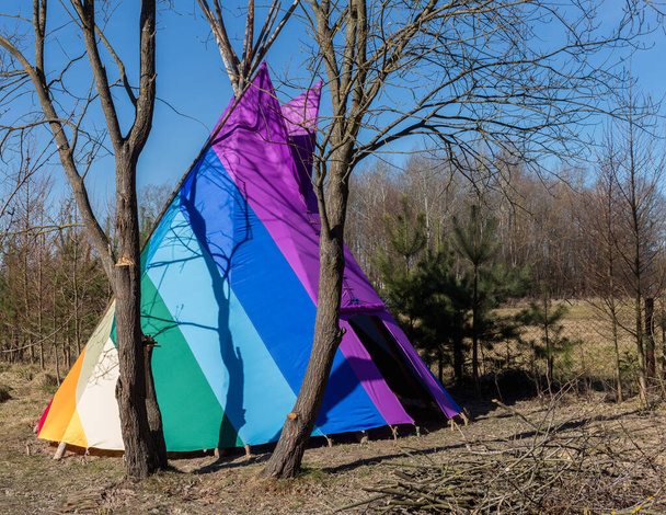 rainbow-coloured tepee set up in the garden, early spring, traditional Indian dwellin - Photo, Image