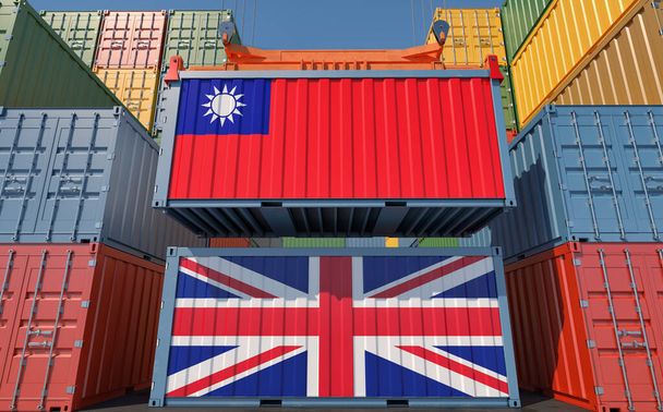 Kontenery ładunkowe z banderami krajowymi Tajwanu i Zjednoczonego Królestwa. Renderowanie 3D  - Zdjęcie, obraz